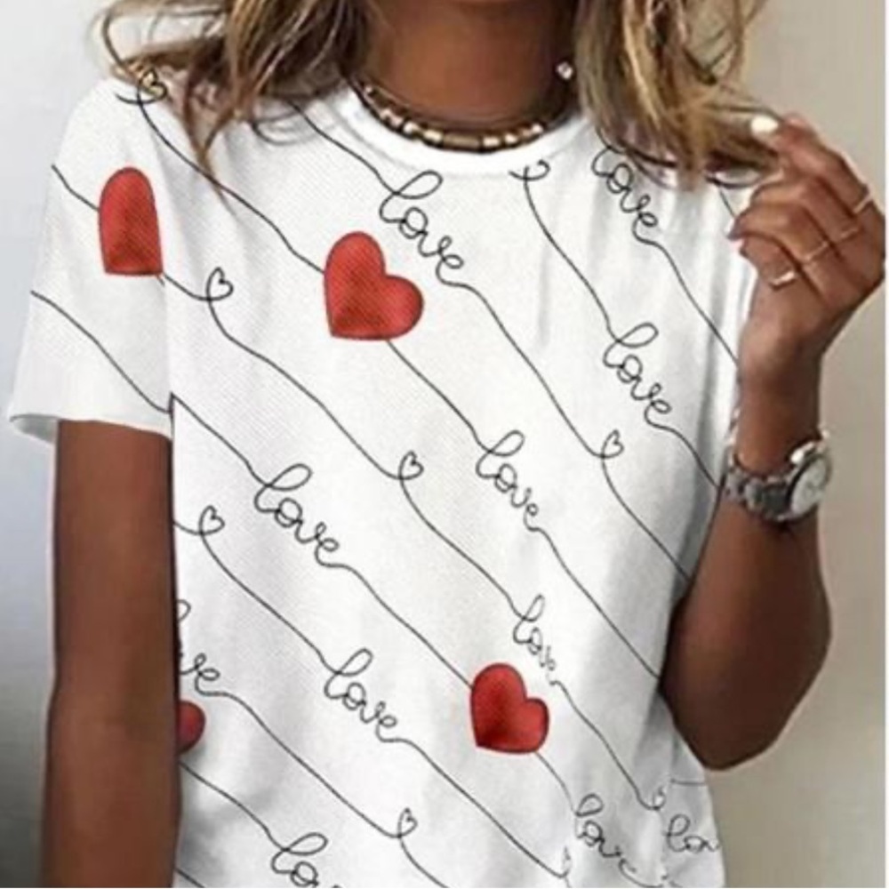 WOMENS SHORT SLEEVE TEE VALENTINES DAY HEART PRINT LOOSE ROUND NECK SUMMER TOP S